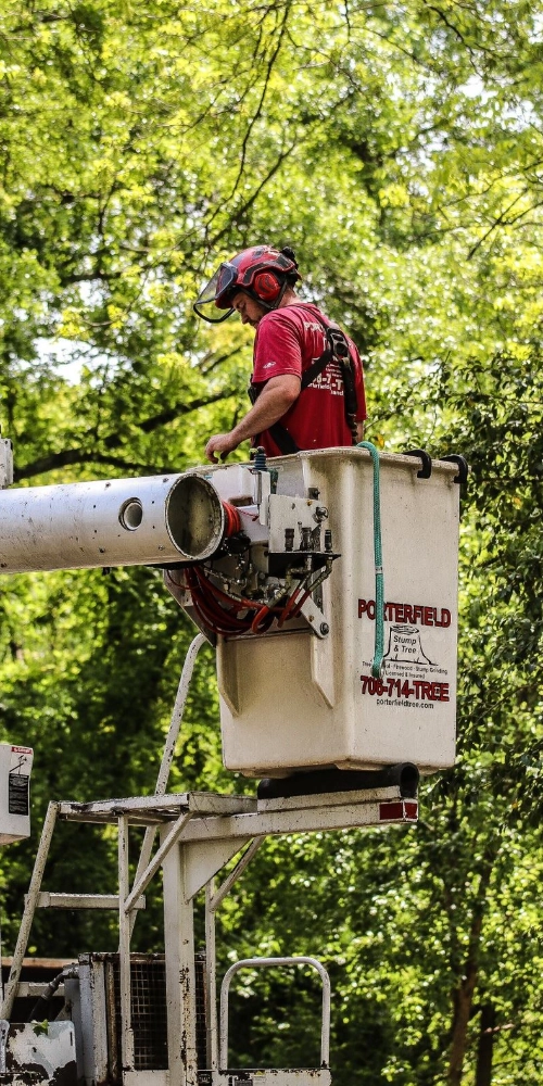 A Porterfield Stump & Tree specialist wearing high-visibility safety gear and a helmet while working from a bucket lift on a project in Bostwick, GA.