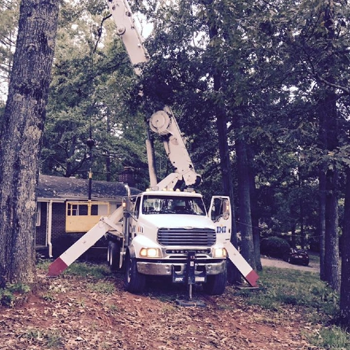 A heavy-duty crane truck stabilizing and removing a large tree section over a residential roof to ensure a safe tree removal in Buckhead, GA.