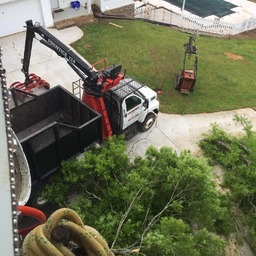A view from above a tree service crane looking down onto a suburban Atlanta driveway and lawn, where a massive grapple truck and multiple loaders are clearing a mountain of storm-damaged tree debris.