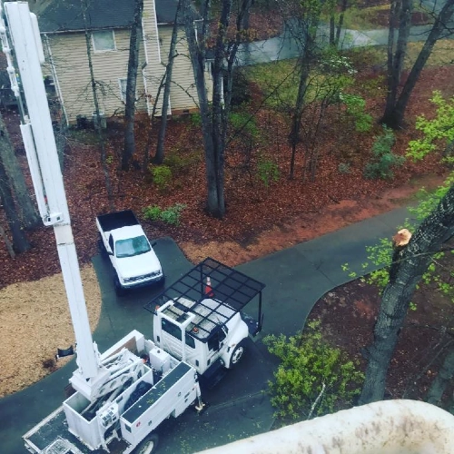 Overhead aerial view of a Porterfield bucket truck and service vehicle working on a residential property cleanup in Bishop, GA.