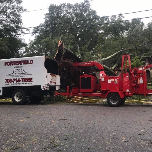 A Porterfield Stump & Tree crew performs cleanup on a residential street. A large uprooted tree lies in the background while a red industrial wood chipper processes debris into the back of a white service truck. Yellow caution tape is visible on the ground.