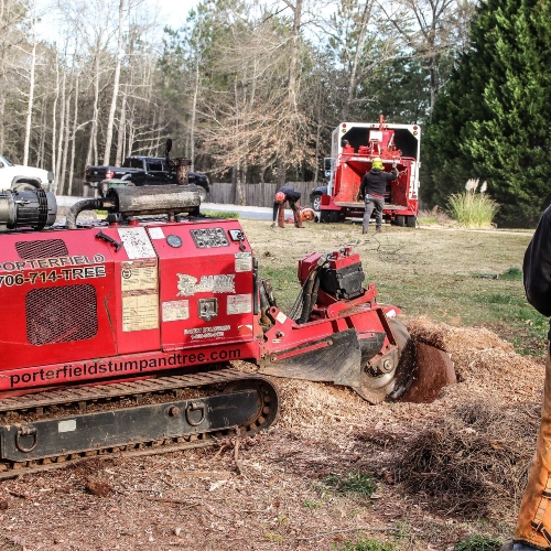 A large red industrial stump grinder in action, removing a tree stump from a residential yard in Rutledge, Georgia, with a wood chipper visible in the background.